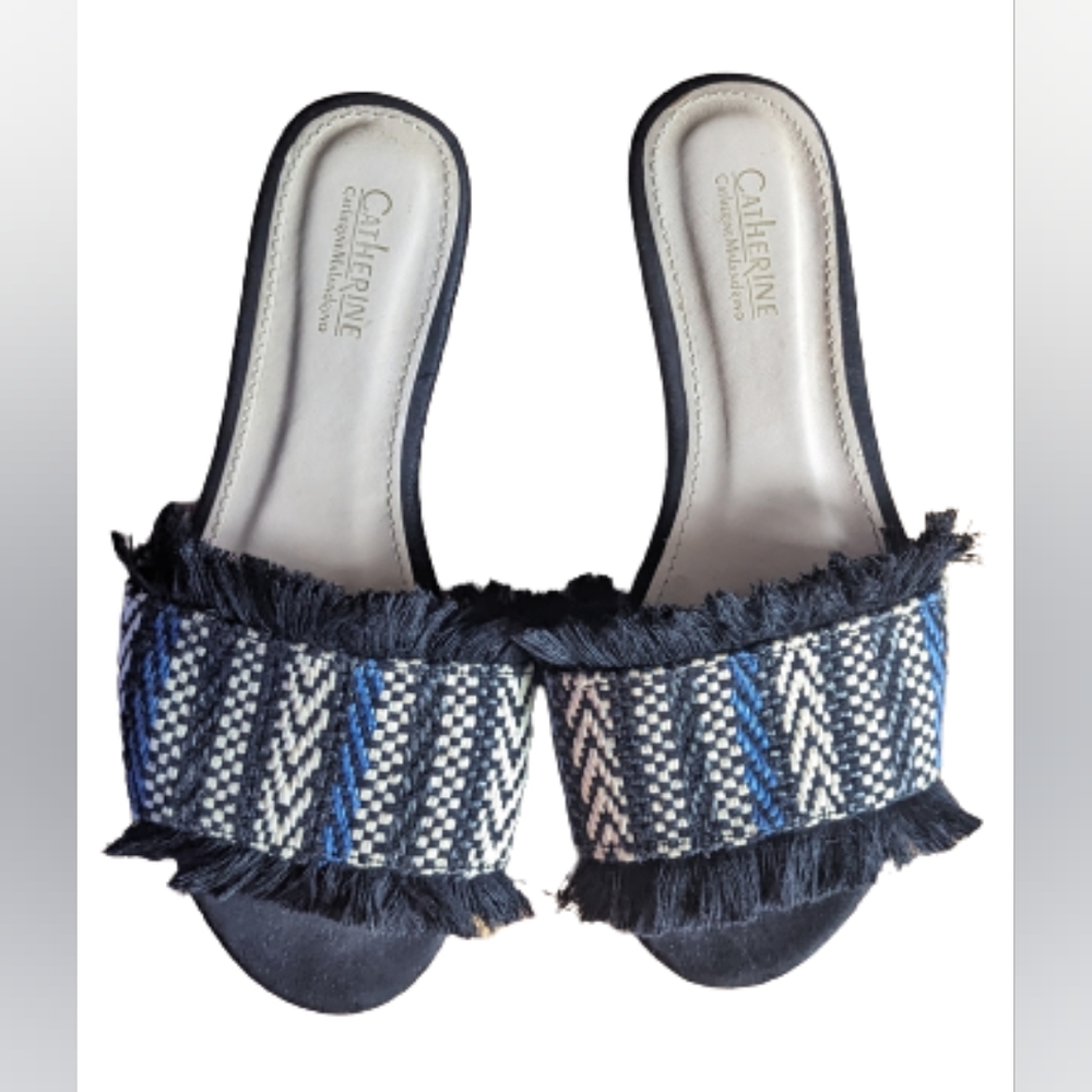 EUC Catherine Malandrino Reina blue/white fringe blue edges flat slides